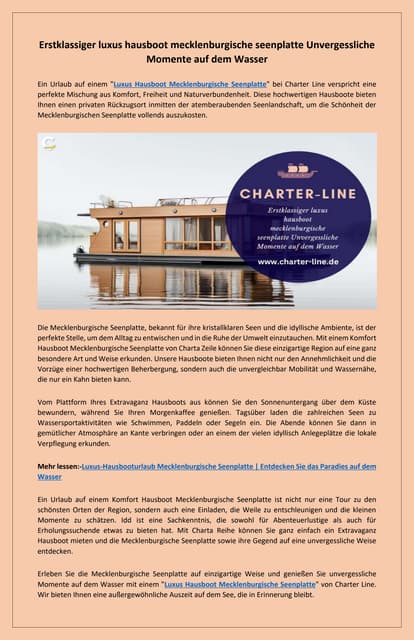 Eleganz auf dem Wasser luxus hausboot mecklenburgische seenplatte | PDF