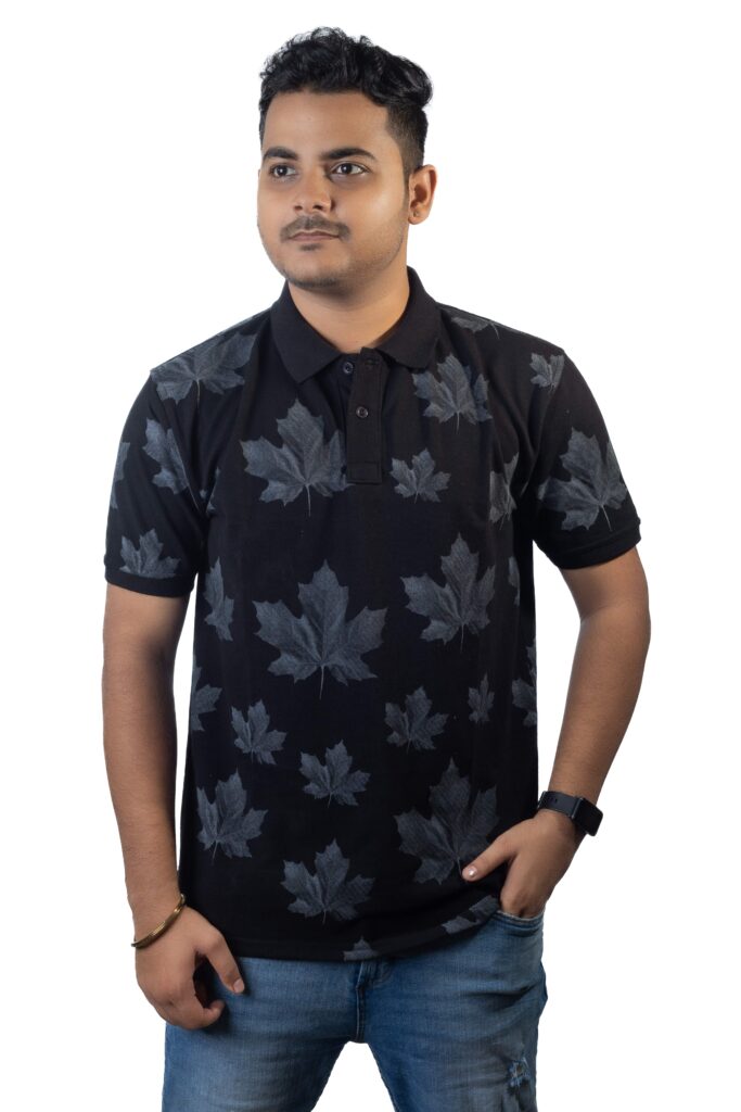 Black Polo T-Shirt with Maple Leaf Prints - EXQUISO