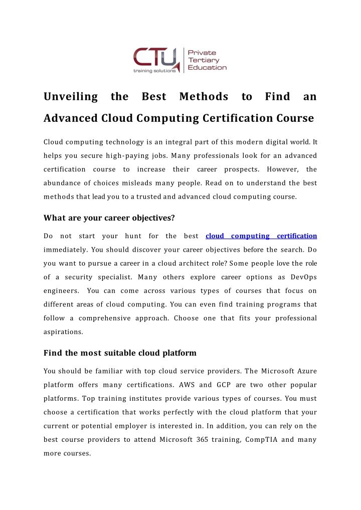 PPT - Unveiling the Best Methods to Find an Advanced Cloud Computing Certification Course PowerPoint Presentation - ID:14062775