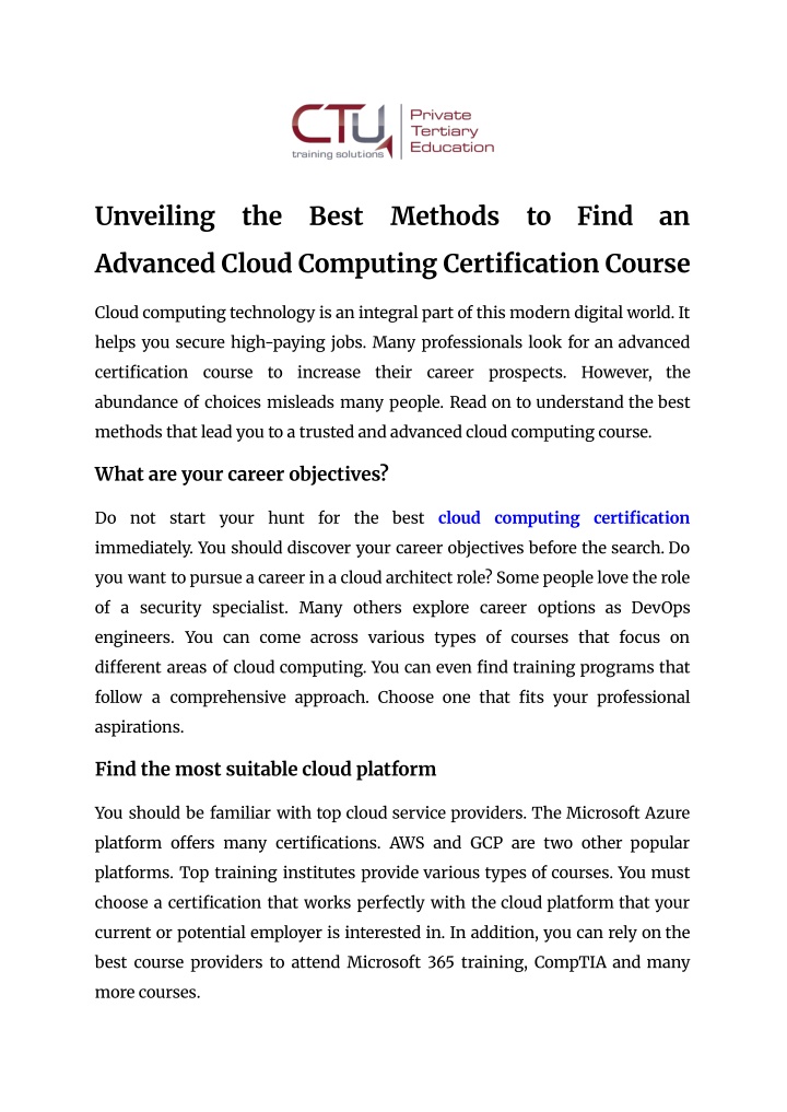 PPT - Unveiling the Best Methods to Find an Advanced Cloud Computing Certification Course PowerPoint Presentation - ID:14041784